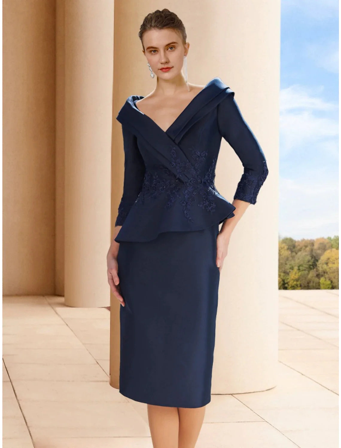 Wholesale A-Line Mother of the Bride Dress Wedding Guest Elegant Petite V Neck Knee Length Satin 3/4 Length Sleeve with Split Front Ruching